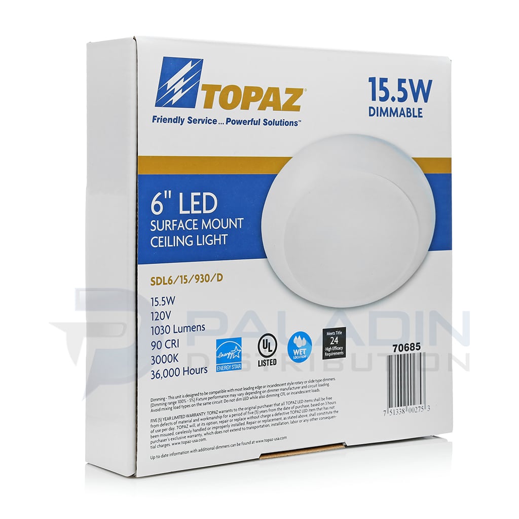 Topaz 70685 SDL6/15/930/D-28 - 6" LED Surface Mount Disk Light, Dimmable, White, 3000K - Paladin Distribution